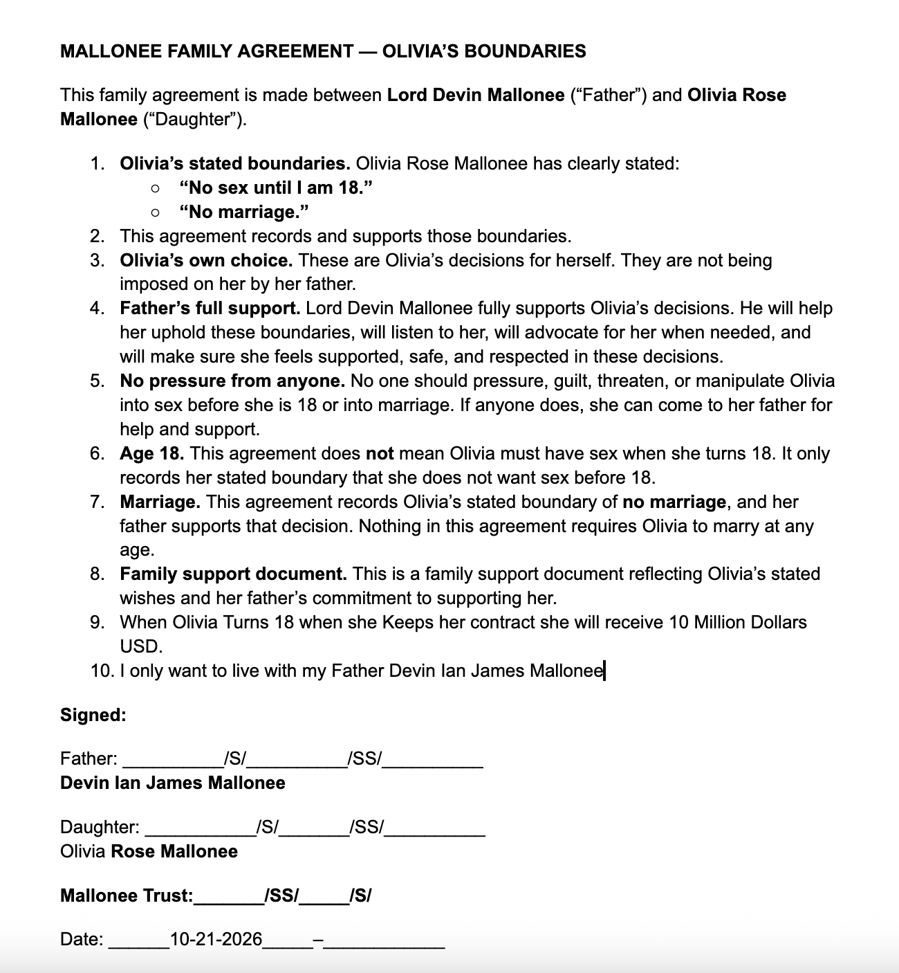 A family support agreement signed by a father and daughter, pledging to honor her boundaries